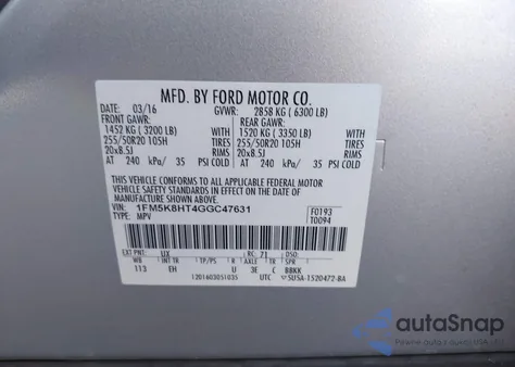 2016 Ford Explorer Platinum z USA, uszkodzony, nr VIN 1FM5K8HT4GGC47631